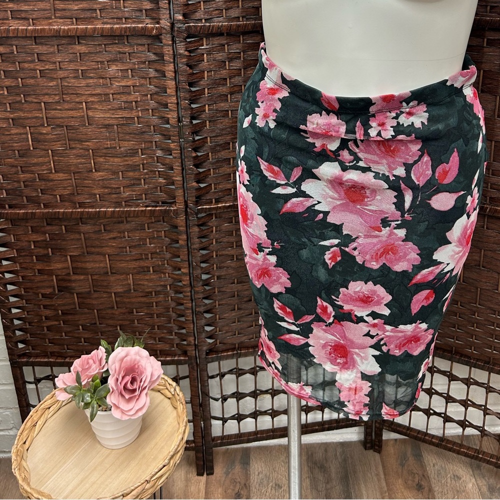 Rainbow Black and Pink Floral Mesh Stretchy dressy Skirt